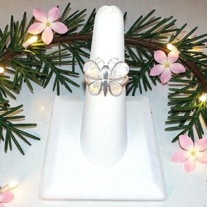 Rainbow Moonstone Butterfly Ring .925 Sterling Silver - Size 6.5